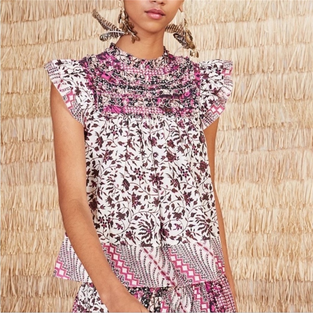 Ulla Johnson Nuru Top Fuchsia Pink Floral Blouse Size 4 Flutter Sleeve Ruffle
